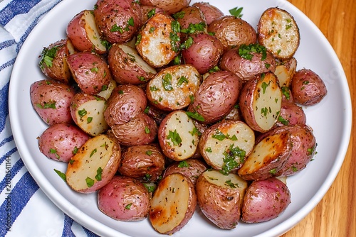 Fresh Herb-Seasoned Small Red Potatoes Roasted to Perfection on White Plate for Side Dish