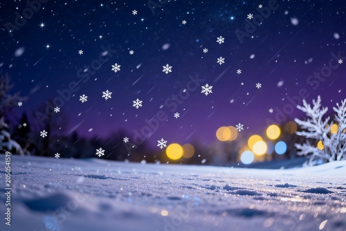 Winter Night Snowfall with Starry Sky and Bokeh Lights