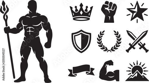 Muscular Man Silhouette with Various Icon Symbols Vector Graphic