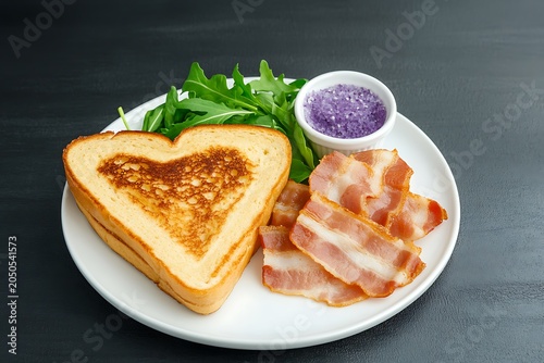 Heart-Shaped Toast with Bacon, Fresh Greens, Purple Jelly, and Black Surface Background