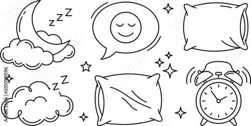 Tableau sur toile Healthy sleep and night routine doodle vector set with pillow crescent moon alar