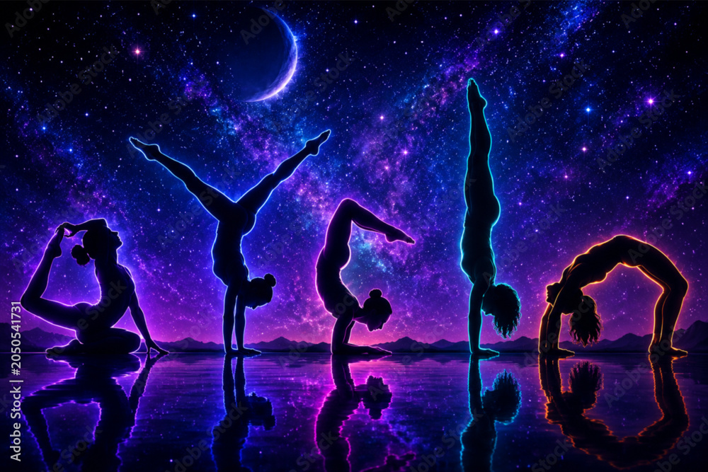 Naklejka premium night scene light yoga poses 