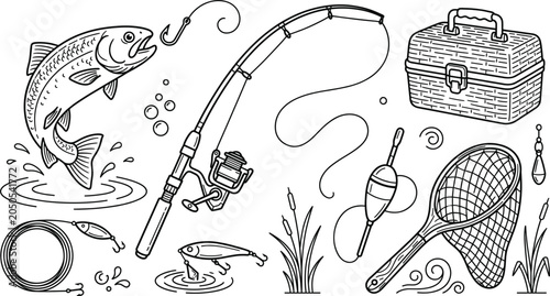 Foto Fishing gear equipment vector icon set with rod fish hook landing net tackle box