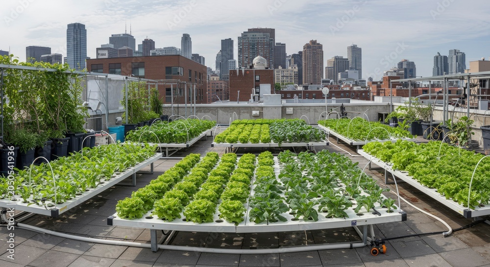 Fototapeta premium Urban Rooftop Hydroponic Farm with City Skyline