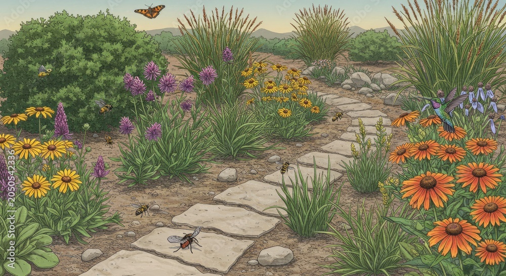 Obraz premium Vibrant Garden Path with Hummingbird and Bees