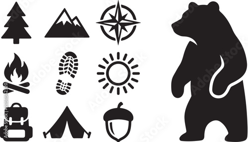 Black bear and camping icons in white background