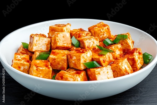 Close-up of cooked tofu cubes with sauce and green onion garnishes served in a white bowl on black background