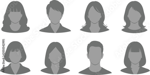 Quadro su tela Gray silhouettes of eight diverse heads with varying hairstyles on a white backg