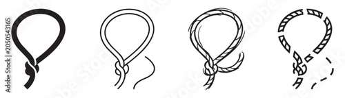 Lasso and noose symbol collection for sailing or western themes. Nautical cordage graphics in flat outline sketchy and dashed line styles for design.