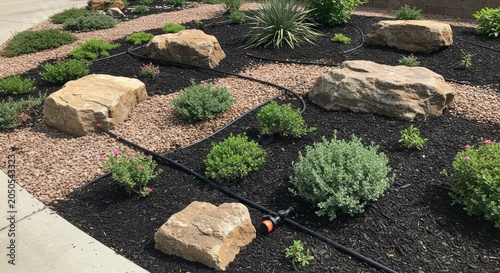Xeriscape Garden with Rocks and Drip Irrigation System