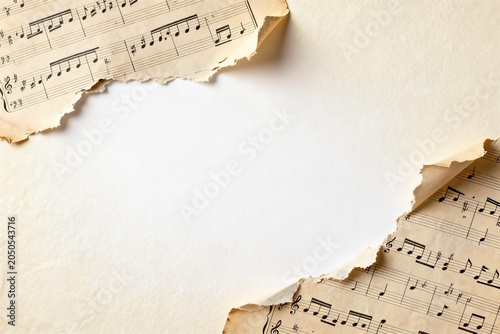 Vintage Music Sheet with Torn Edges on White Background