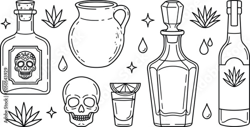 Cuadro en lienzo Mexican tequila alcohol drink vector icon set with agave bottle shot glass sugar
