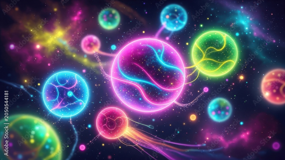 Obraz premium Neon spherical forms trailing luminous streams in space background