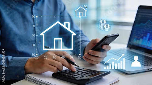Person calculating mortgage payments with calculator and smartphone, home loan finance, real estate investment, property purchase, budget planning, interest rate analysis,