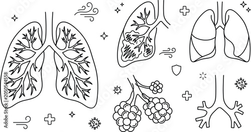 Foto Human lungs respiratory system vector icon set with anatomy alveoli bronchi medi