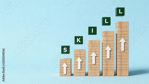 Wooden blocks stacked in ascending order spelling SKILL with arrows pointing up, representing career growth, professional development, education, learning curve, improvement,