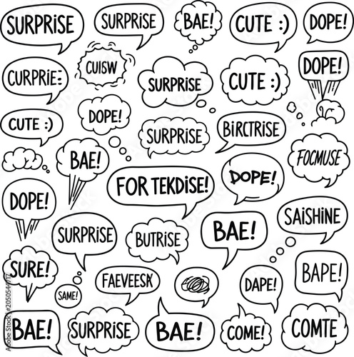 Cute comic speech bubbles with surprise and reaction words in black and white doodle style