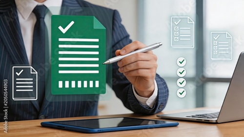 Businessman in pinstripe suit holding pen to sign green document with checklist icons, tablet and laptop on desk, professional agreement or contract approval for corporate