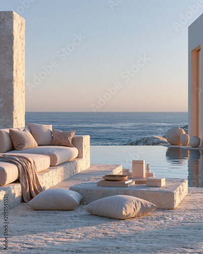 Luxury skincare product mockup beside infinity pool at sunset