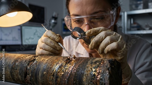 Deep Earth Resource Exploration scientist examining mineral core sample in lab, professional geological research