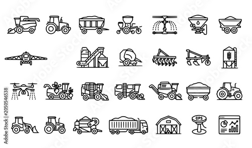 Fotografía Farm Machinery and Grain Harvest Equipment Outline Icons for Agriculture and Cro