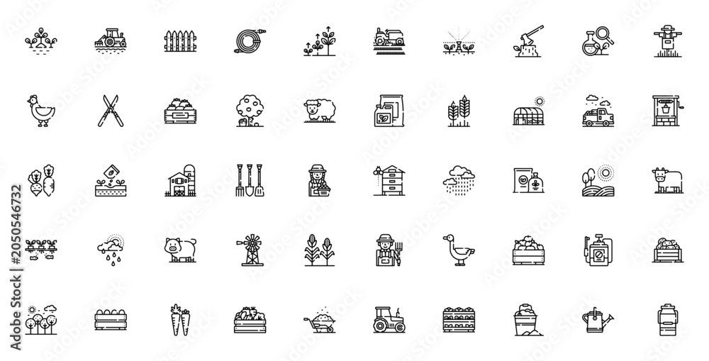 Fototapeta premium Agriculture icon set. Farm vector icons pack. Minimalist line icons. Featuring tractor, farmer, barn, corn, cow, chicken, wheat and more. Editable vector stroke.