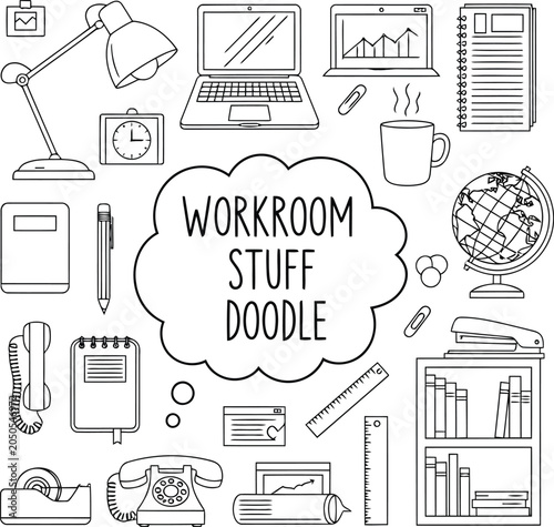 Canvas Print Workroom Stuff Doodle Set with Office and Study Supplies in Hand Drawn Black and