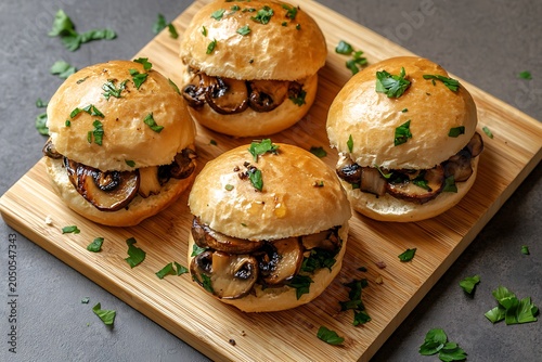 Freshly baked mushroom and herb stuffed slider sandwiches served on a wooden platter with garnishes
