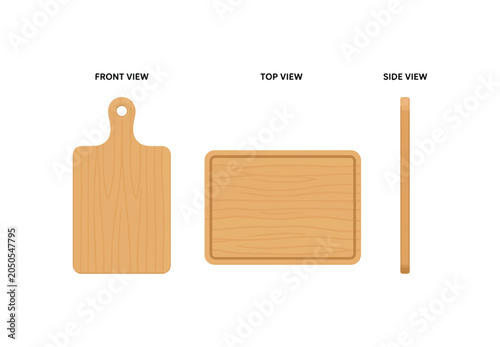 Cutting board graphic. Views from the front, top, and side. A simple flat vector illustration. An isolated object on a white backdrop. Isolate

