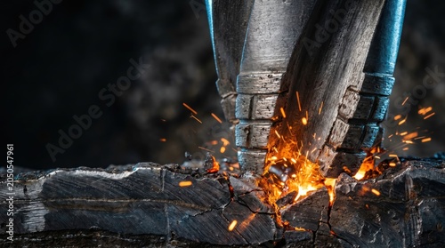 Deep Earth Resource Exploration industrial drill bit, boring through rock with sparks, dramatic high impact cinematic lighting