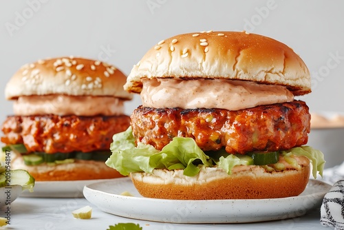 Juicy grilled chicken burger with fresh lettuce tomato and creamy mayonnaise in a sesame bun