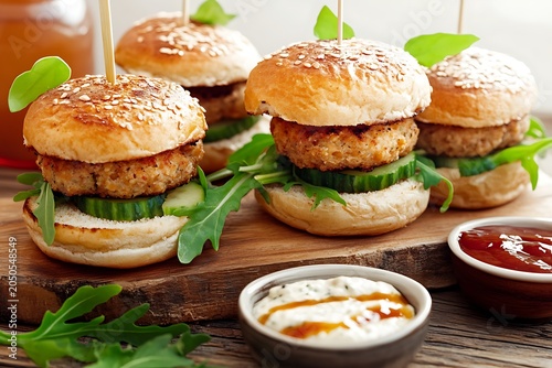 Delicious homemade chicken burgers with fresh cucumber lettuce on a rustic wooden board with dipping sauces