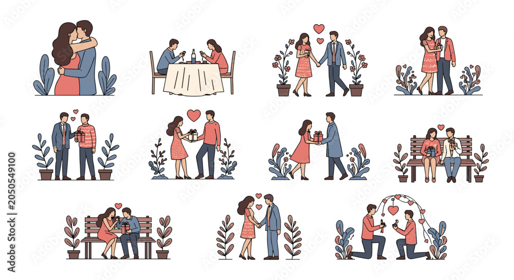 Fototapeta premium Large set of romantic scenes illustrates various couples dating eating dinner giving gifts and proposing in a park setting.