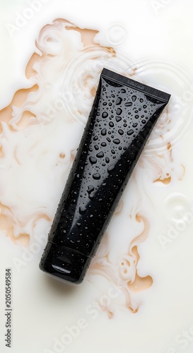 Black tube of cosmetic product with water droplets on marble.