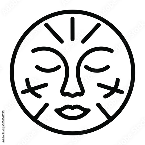 Simple line art icon of human face with skin treatment marks for dermatology clinic or spa services and facial care procedures