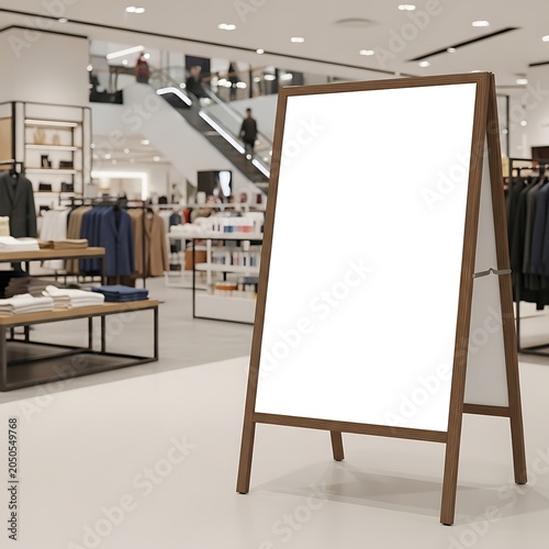 Blank A-Frame Sign in Modern Clothing Store Interior.