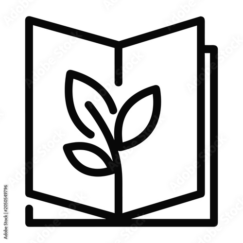 Open book icon with plant leaf illustration representing nature education sustainable living or botanical research vector graphic