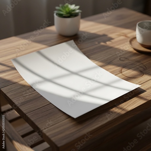 Blank sheet of paper on a wooden table with plant and mug.