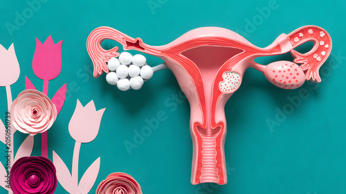 An anatomical illustration of the female reproductive system with flowers on a teal background