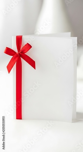Blank white card with red ribbon for special occasions.