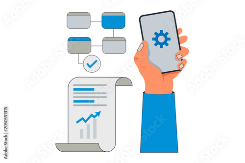 Business Process Management with Smartphone: A hand holds a smartphone displaying a gear icon, next to a flowchart and a document with a graph indicating growth.