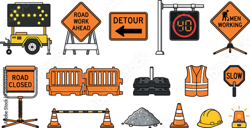 Vászonkép Orange Road Construction Sign Vector Set with Arrow Board Trailer Detour Men Wor