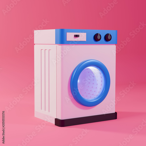 A stylized 3D render of a minimalist washing machine featuring a bright blue rim and control panel, isolated on a solid pink background.