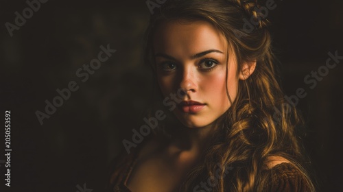 Portrait of a Young Woman with Long Hair in a Dramatic Light Setting, Capturing Emotion and Depth in a Vintage Style Photograph