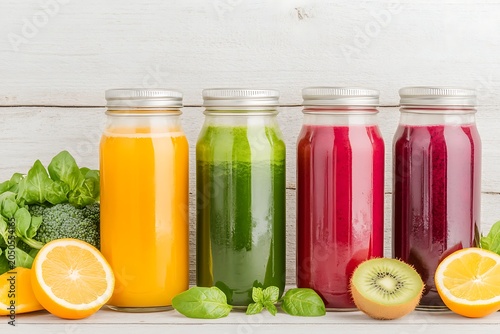Freshly Made Fruit and Vegetable Juices in Mason Jars with Citrus and Kiwi Slices on a White Table