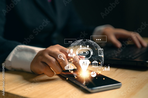 Businessmen are using smartphones with state-of-the-art AI interfaces. Concepts about artificial intelligence, AI assistants, machine learning of creative AI. Data management with AI