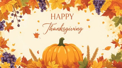 Happy Thanksgiving greeting card design with a large orange pumpkin and colorful autumn leaves and grapes