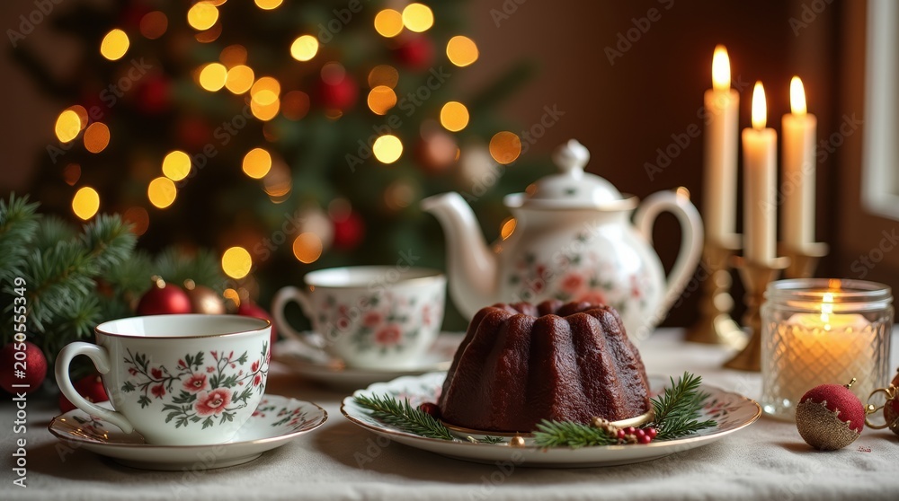 Fototapeta premium Christmas tea party with chocolate cake and hot tea on a table with warm glowing candle lights