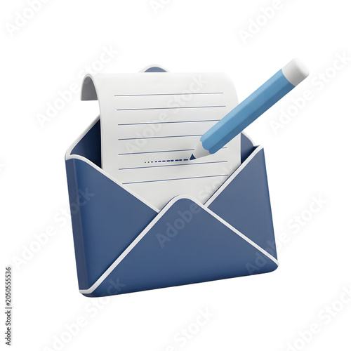 3D Illustration of Envelope with Paper and Pencil