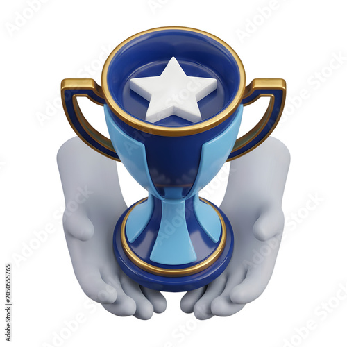 3D Render of a Blue and Gold Trophy Held by Stylized Hands